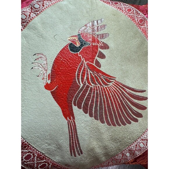 Vtg Hand Painted Cardinal Bird Square Pillow 15”x15”  tan red Leather/Satin - Picture 10 of 10